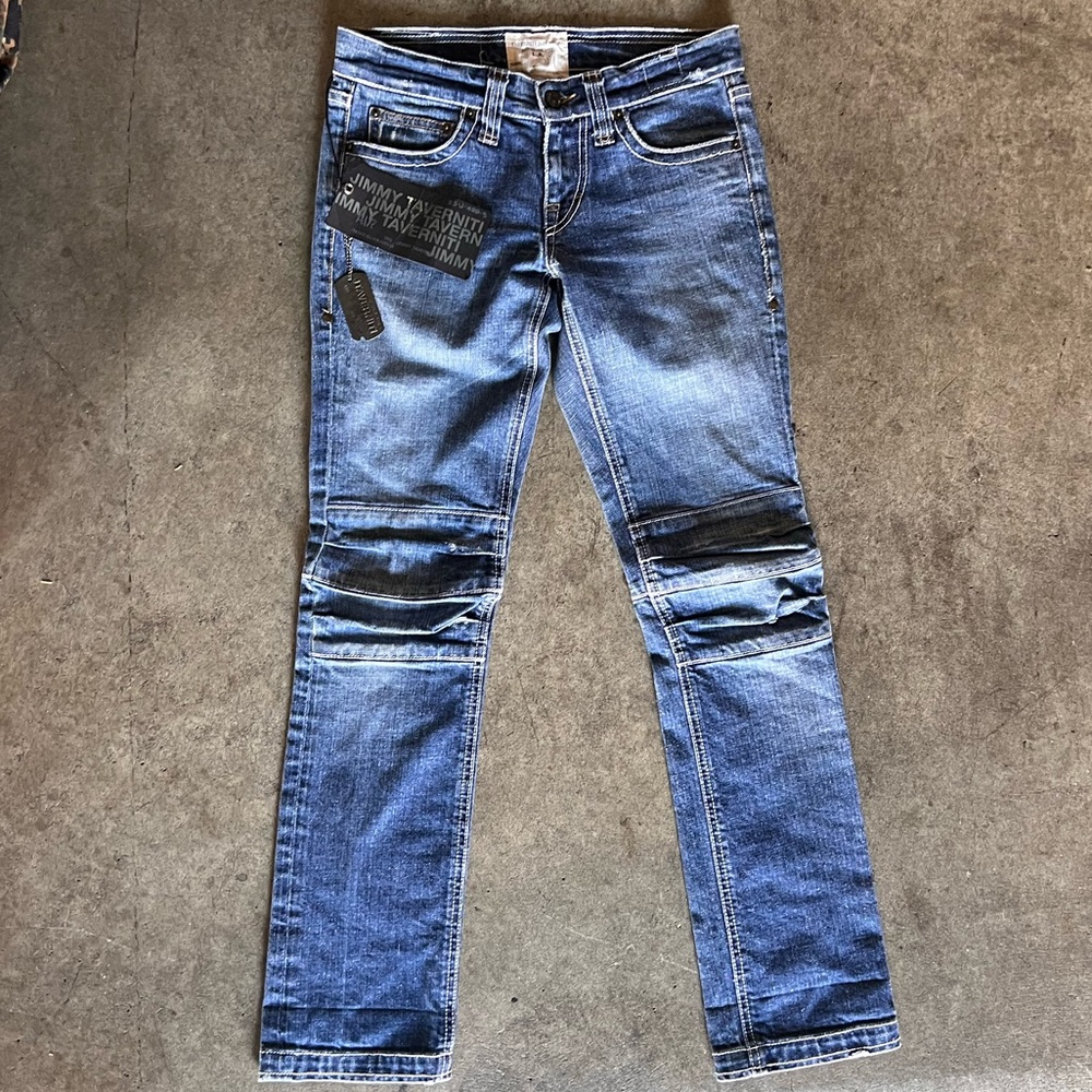 RARE VINTAGE Jimmy Taverniti straight leg denim jeans w knee patch embellishment